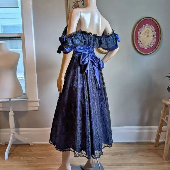 Vintage 80s Gunne Sax Ball Gown Southern Belle Maxi Dress Blue Satin Lace Size 5 - Picture 10 of 14
